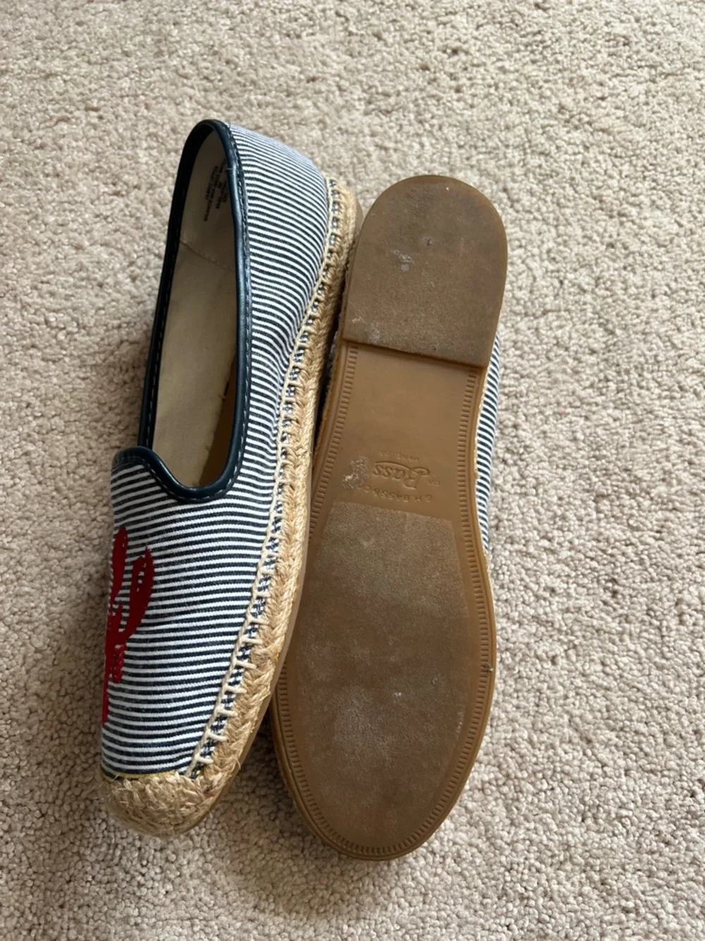 Bass Navy and White Striped Espadrille Flats with Red Lobster Embroidery - Picture 4 of 4